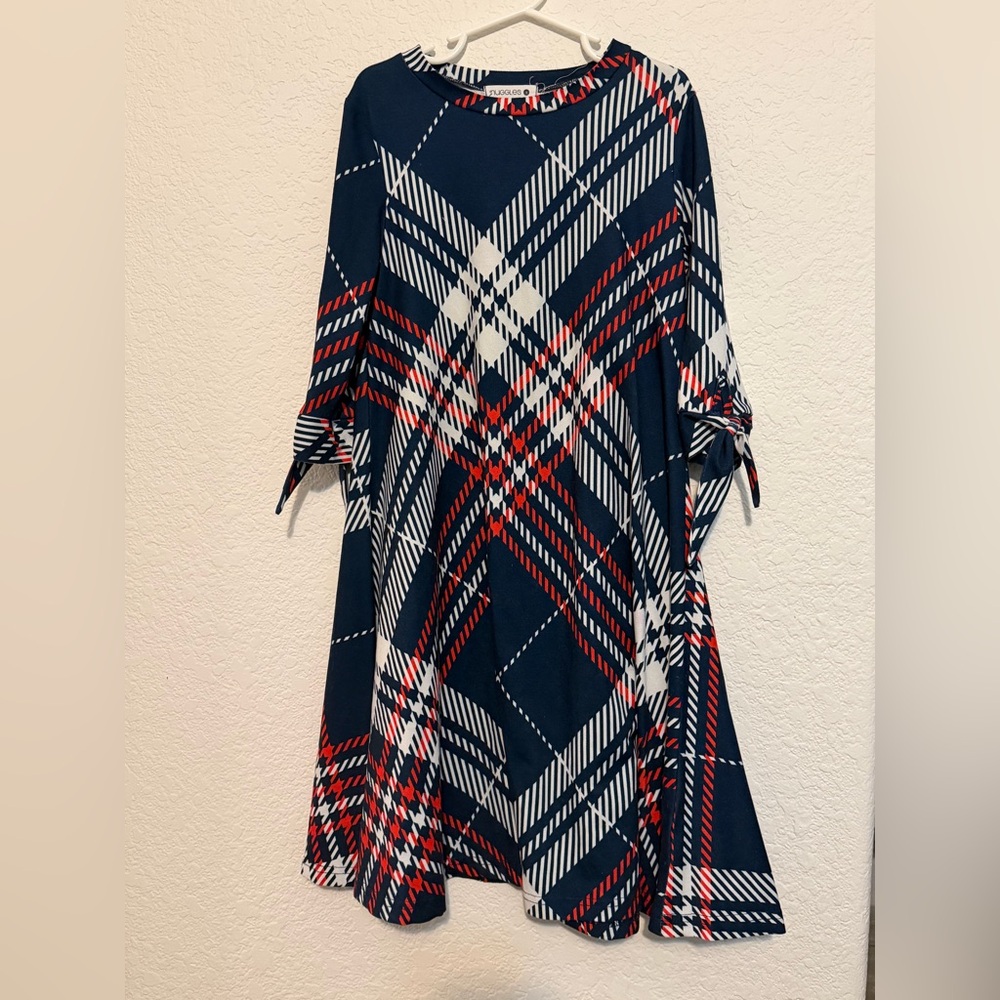 Navy Plaid Tie-Sleeve Kids Dress